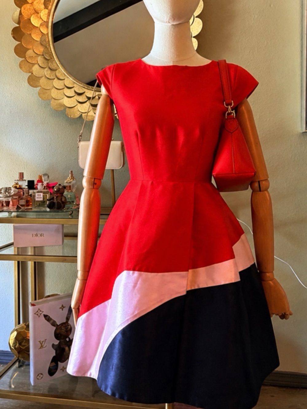 Kate Spade New York Red Colorblock Fit & Flare Bow Back Dress Size 0 Cocktail